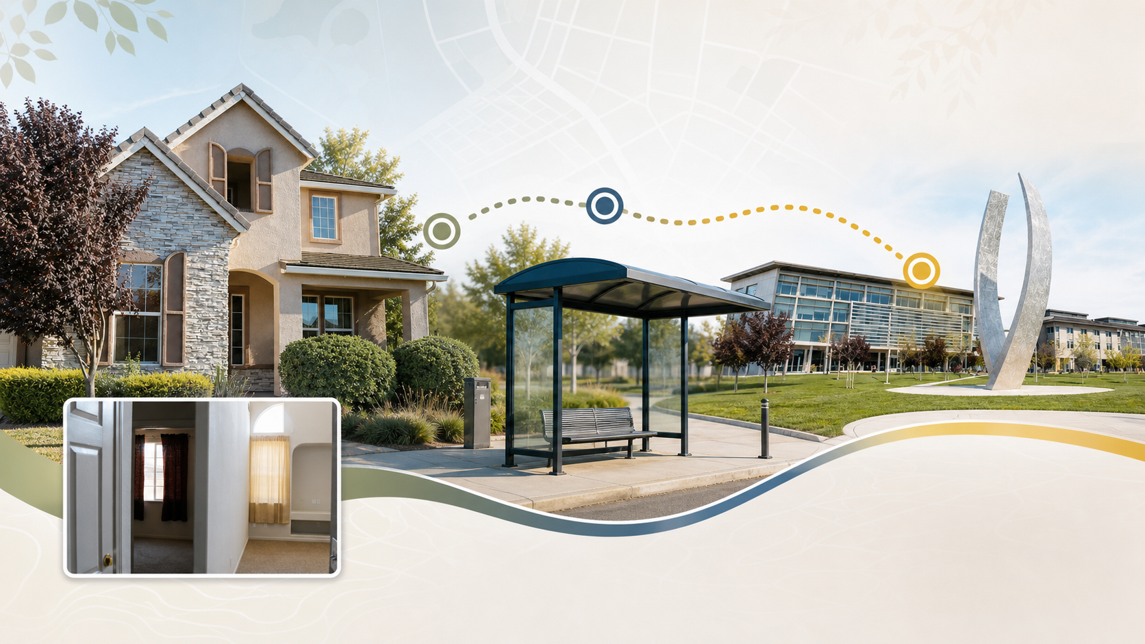Promotional illustration showing Bellevue Ranch House, a nearby transit stop, and the UC Merced campus